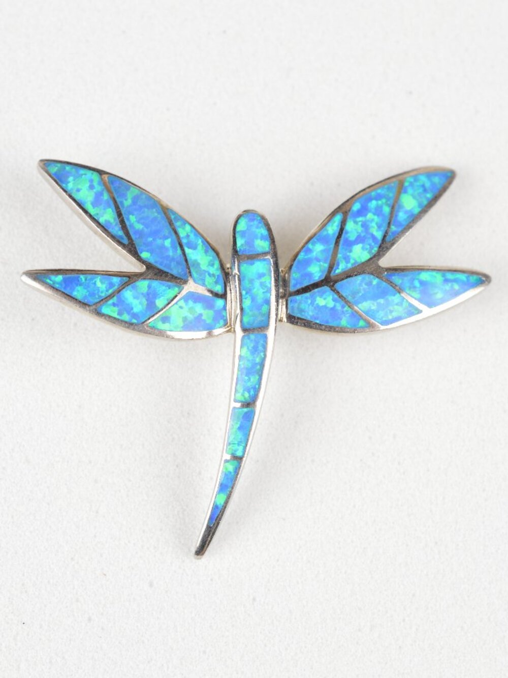 925 Sterling Silver Hawaiian Blue Fire Opal Dragonfly Slider Pendant 4.3g 1.5"
